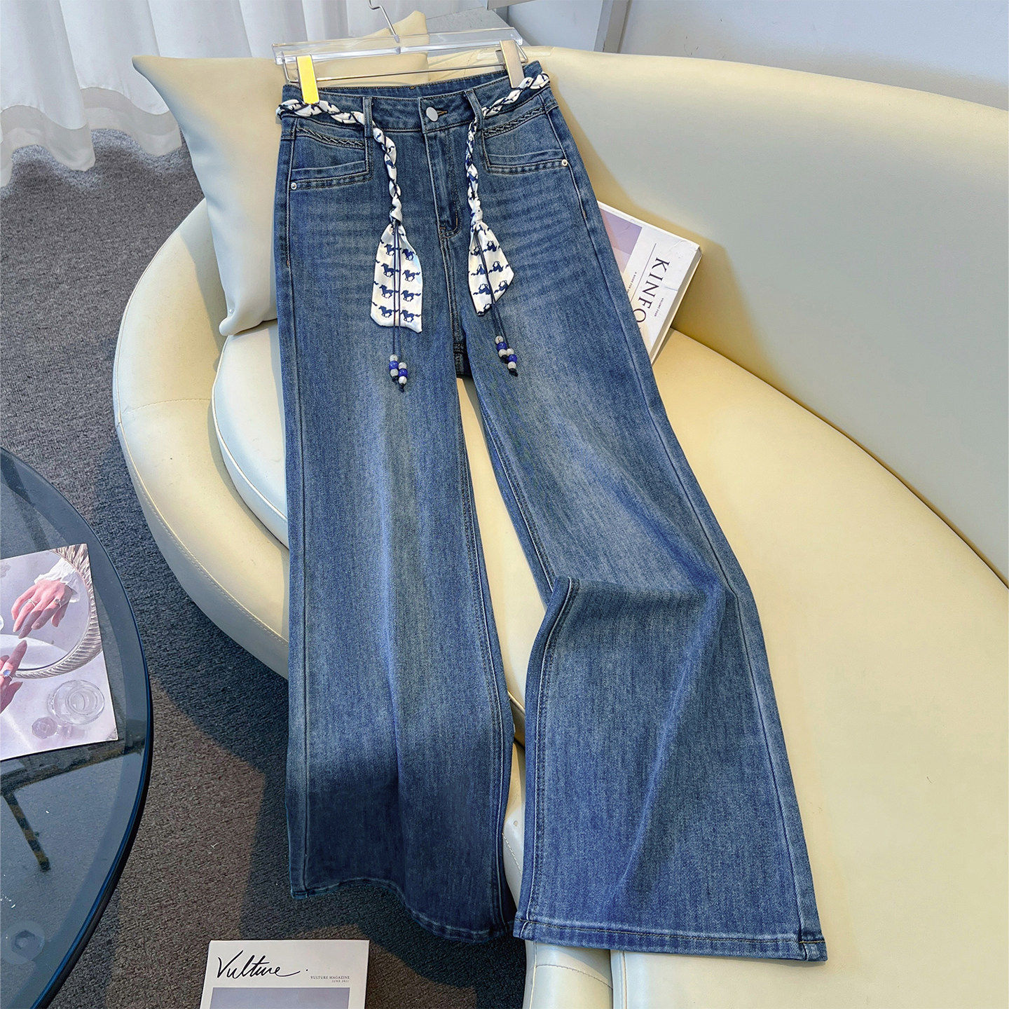 复古高腰丝巾腰带微喇牛仔裤女2026春季新款小个子显瘦垂感直筒裤,女装/女士精品,大码裤装,淘宝优惠券,粉丝福利购,淘宝优惠卷