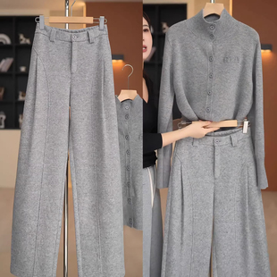 灰色雪花羊毛呢阔腿弯刀裤女2025秋冬季新款高腰加厚休闲香蕉裤子