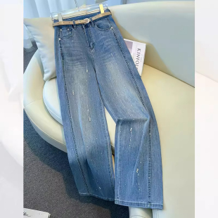 带钻亮钻爆闪闪直筒裤 春季 子 女2026新款 浅色重工满天星烫钻牛仔裤