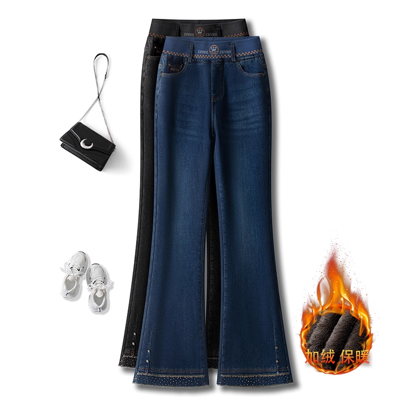 松紧腰加绒微喇牛仔裤女秋冬新款