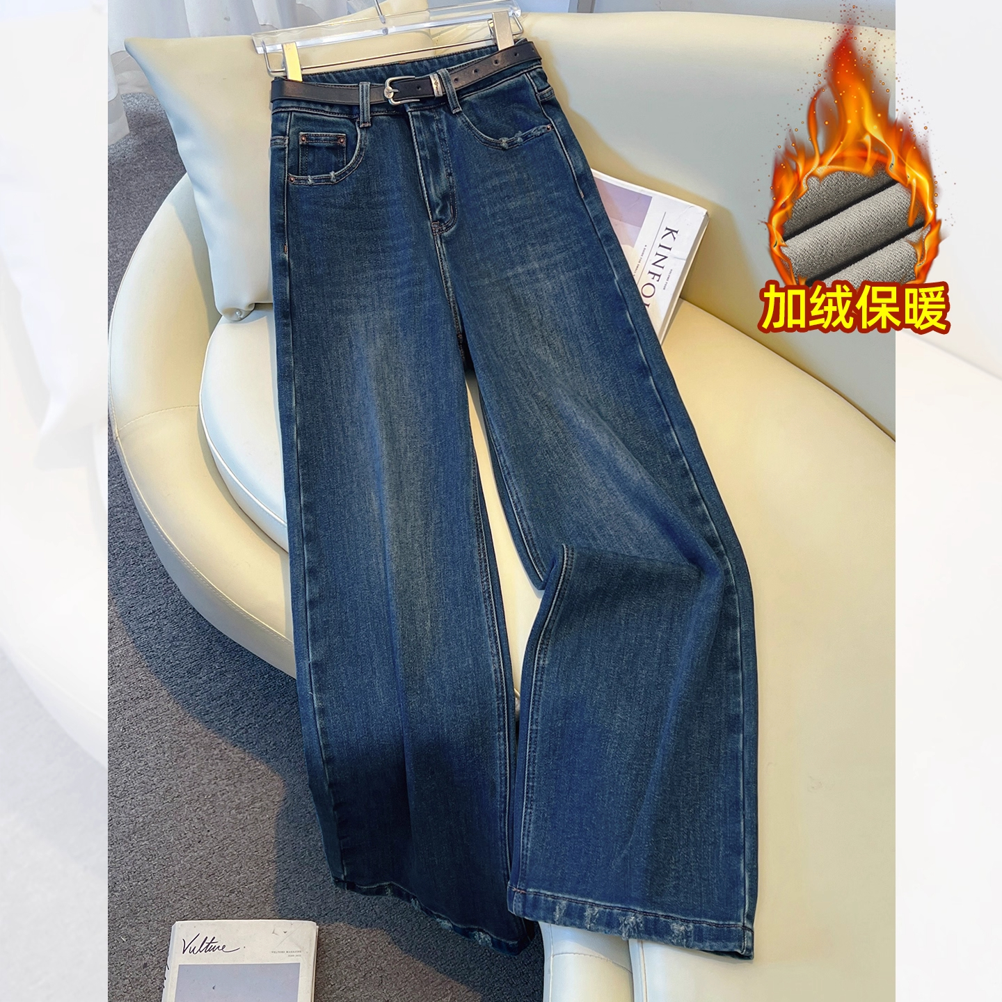 复古蓝加厚加绒阔腿牛仔裤女新款