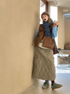 棉裙 加厚工装 现货 高腰a字夹棉半身裙机能风绗缝菱格冬季