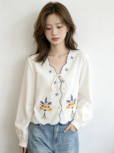 现货 温柔风小众设计感花束撞色花边衬衫女V领开衫系带长袖上衣