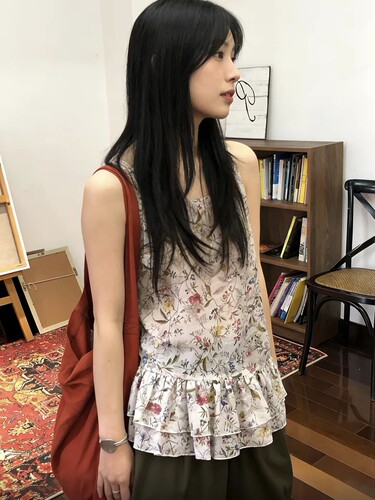 「现货」26SS“植物园”夏日轻薄植物印花斜边双层花边吊带