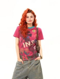 短款 T恤女夏季 潮流显瘦微宽松te上衣 复古涂鸦设计感正肩短袖 美式