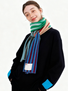 「现货」2025AW秋冬围巾彩色拼接条纹保暖羊毛针织围脖长围巾女