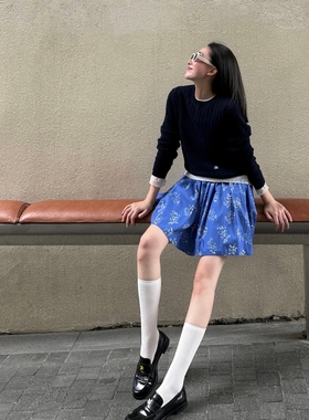 「现货」高腰慵懒蓝色碎花半身裙女短款短裙春显瘦裙子