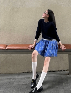 「现货」高腰慵懒蓝色碎花半身裙女短款 短裙春显瘦裙子