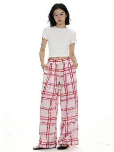 女百搭松弛感休闲长裤 2026年夏季 复古红白格纹宽松沙滩裤 美式 新款