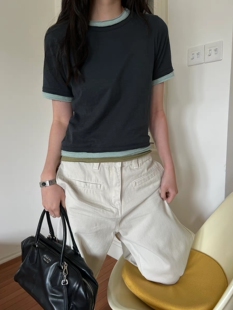 现货 T恤女宽松显瘦正肩拼色假三件上衣女 百搭复古纯色短袖