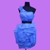 蓝色雪纺单肩花黑色腰带款 下摆花短裙演出聚会拍照礼服腰70KP085