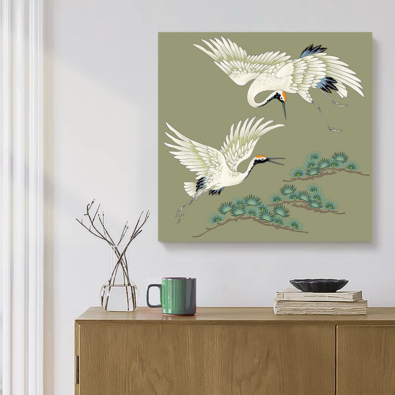 中国风松与鹤装饰画新中式客厅沙发背景挂画卧室床头复古方形画图片