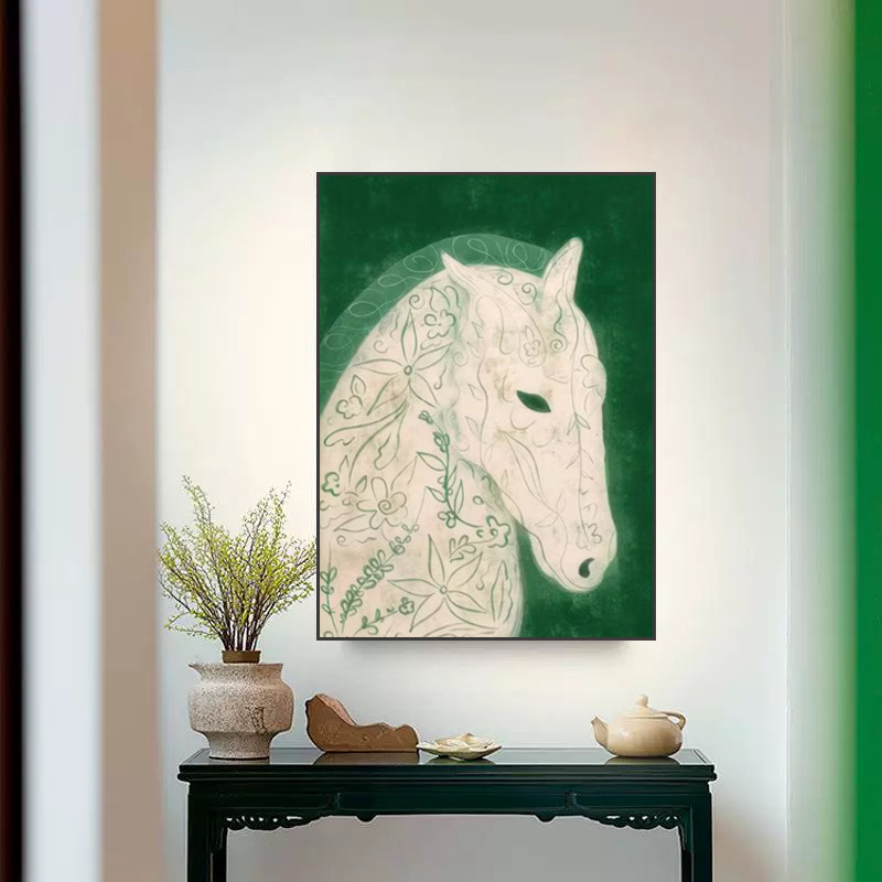 中古风绿色系抽象线条白色骏马装饰画印象派客厅玄关挂画马年艺术
