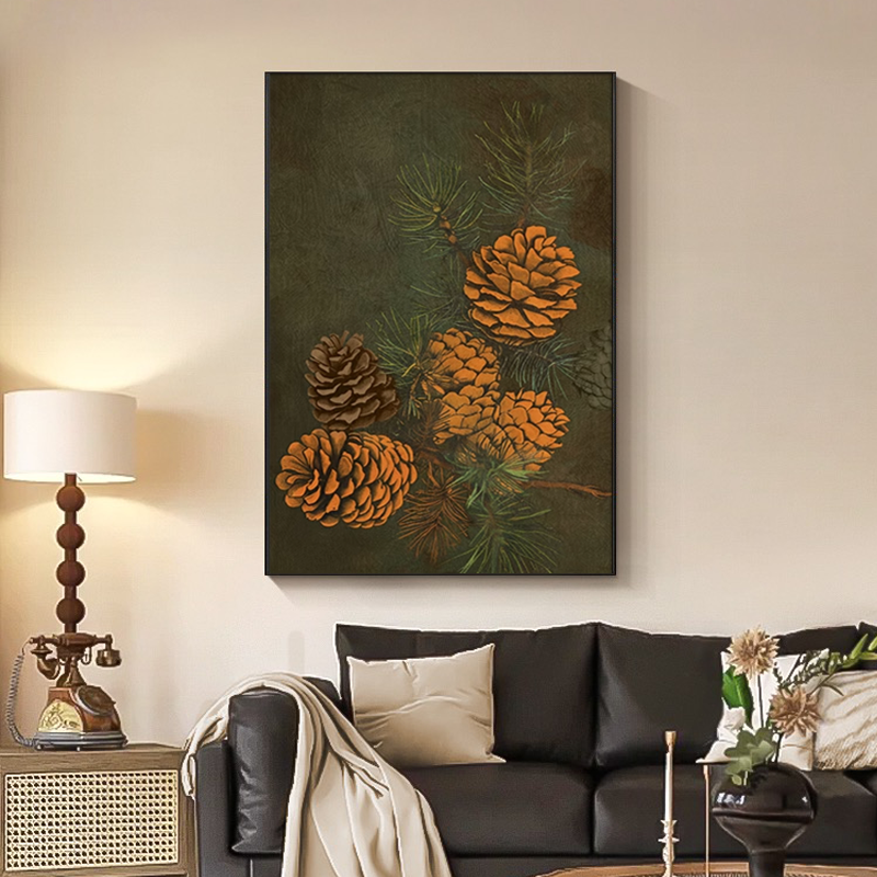 植物松果中古风客厅装饰画高级感复古沙发背景挂画适合大白墙壁画