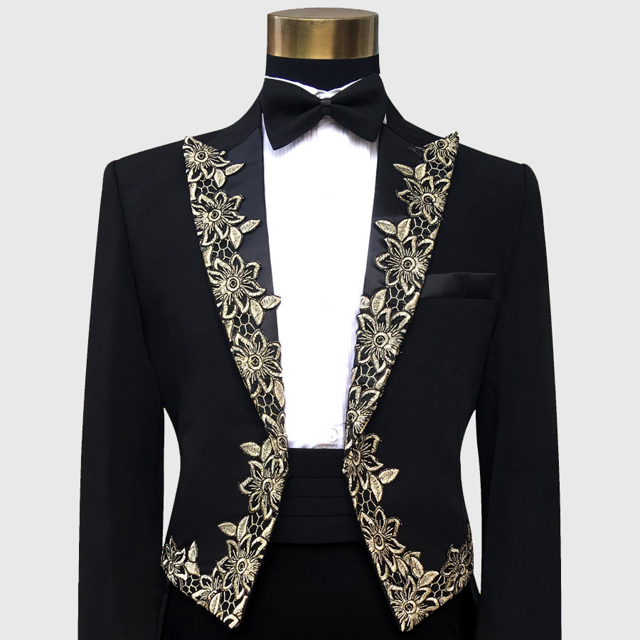 MENS BLACK SLIM TUXEDO STAGE PERFORMANCE COSTUME DANCE CHORUS CONDUCTOR COSTUME HOST DRESS SUIT