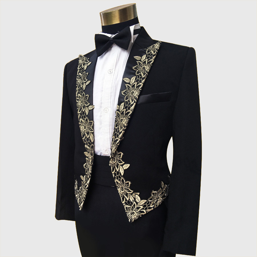 MENS BLACK SLIM TUXEDO STAGE PERFORMANCE COSTUME DANCE CHORUS CONDUCTOR COSTUME HOST DRESS SUIT