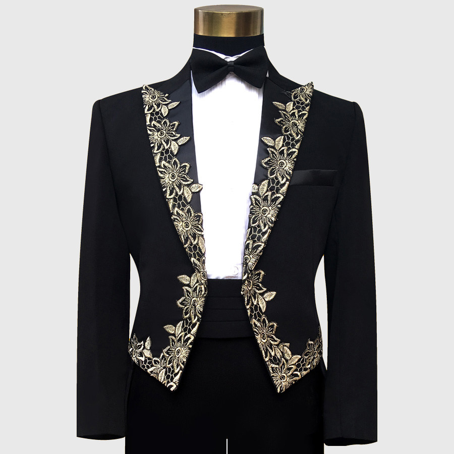 MENS BLACK SLIM TUXEDO STAGE PERFORMANCE COSTUME DANCE CHORUS CONDUCTOR COSTUME HOST DRESS SUIT