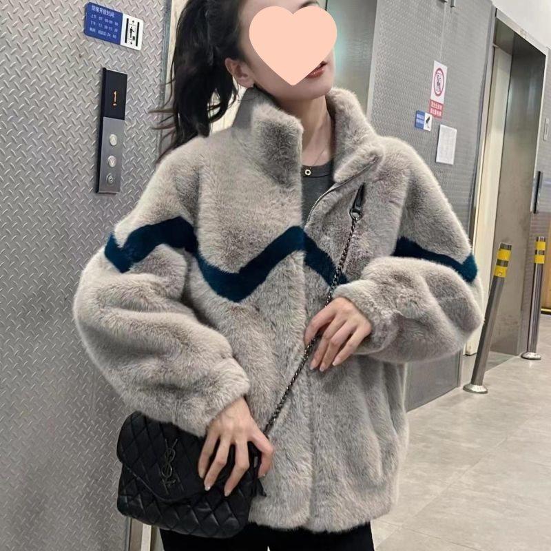 新款女新款皮毛一体皮草外套立领兔毛大衣羊羔毛短款加绒加厚秋冬