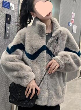 新款女新款皮毛一体皮草外套立领兔毛大衣羊羔毛短款加绒加厚秋冬
