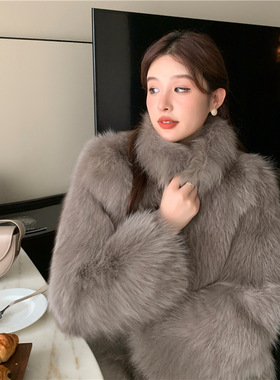 新款仿狐狸毛时尚皮毛一体大衣2025冬季短款立领加厚毛毛外套女暖