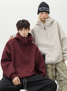 立体分割结构廓形连帽卫衣男女情侣秋冬款380g重磅半拉链帽衫外套