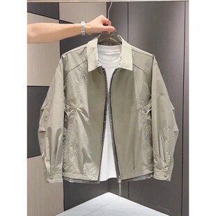 春季新款翻领夹克男休闲格子拼接假两件潮流百搭外套男款韩版潮牌