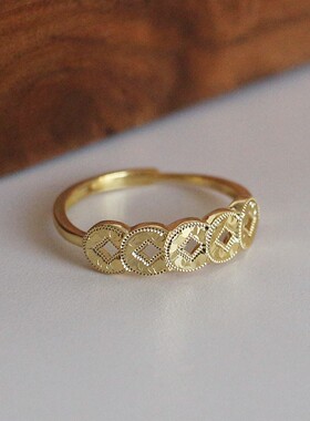 925纯银复古镂空铜钱女士戒指