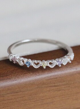 S925纯银心形排钻细款女士戒指