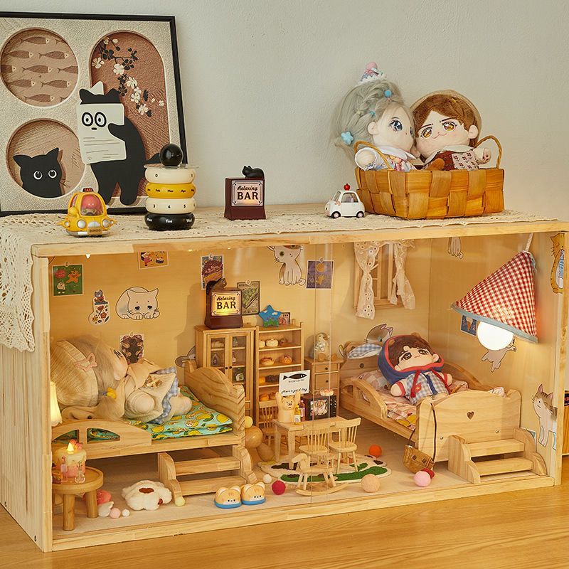棉花娃娃屋木质展示柜手办diy造景箱实木房子房间过家家微缩家具