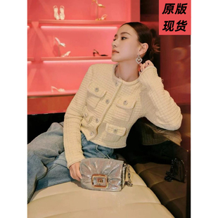 何超莲同款秋冬季新款法式小香风奶油黄格针织钻扣外套女短款上衣