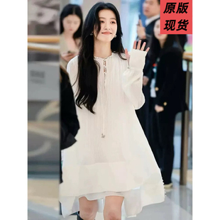 原版明星周雨彤同款衣服白色宽松压褶连衣裙女雪纺纱仙女裙春秋款