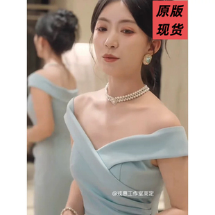 短剧唯她是图女主赵佳颜汐栀同款缎面气质开叉连衣裙礼服女衣服潮