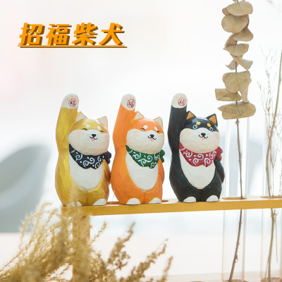 手工木雕柴犬招福桌面摆件