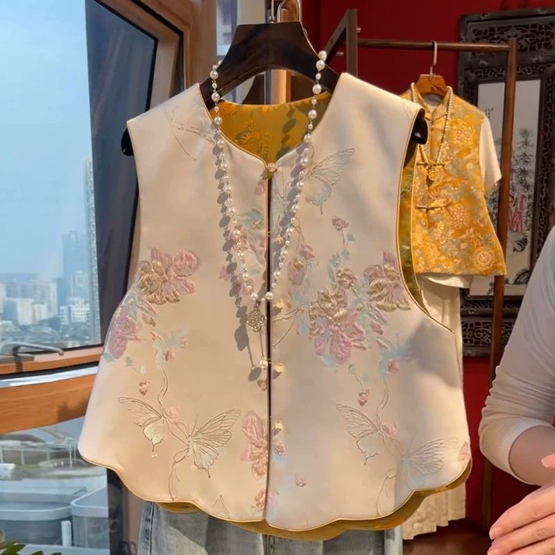 新中式国风双面穿马甲背心女春秋新款妈妈真丝新宋锦提花马夹坎肩