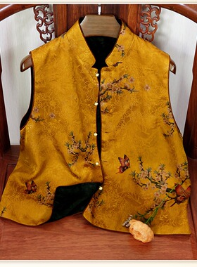 真丝花萝香云纱唐装外套立领马夹两面穿马甲春夏装新款桑蚕丝背心