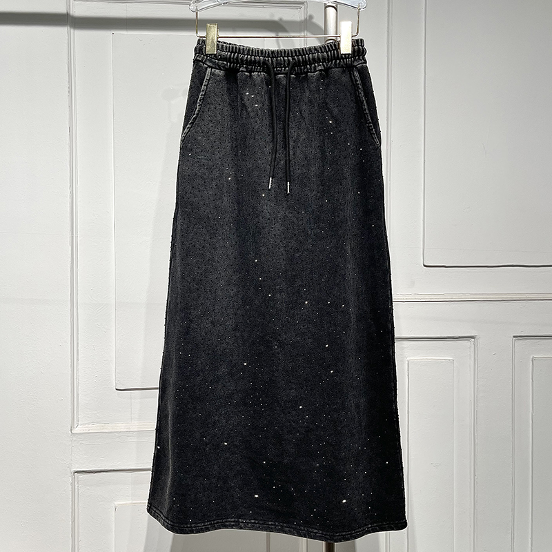 中长直筒美式复古亮钻卫裙半身裙