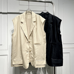 高级感通勤气亚麻西服马甲女春新款 上衣 宽松显瘦舒适中长无袖