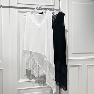 新款 T恤女春季 宽松显瘦拼蕾丝中长上衣 不规则设计感叠穿无袖 时尚