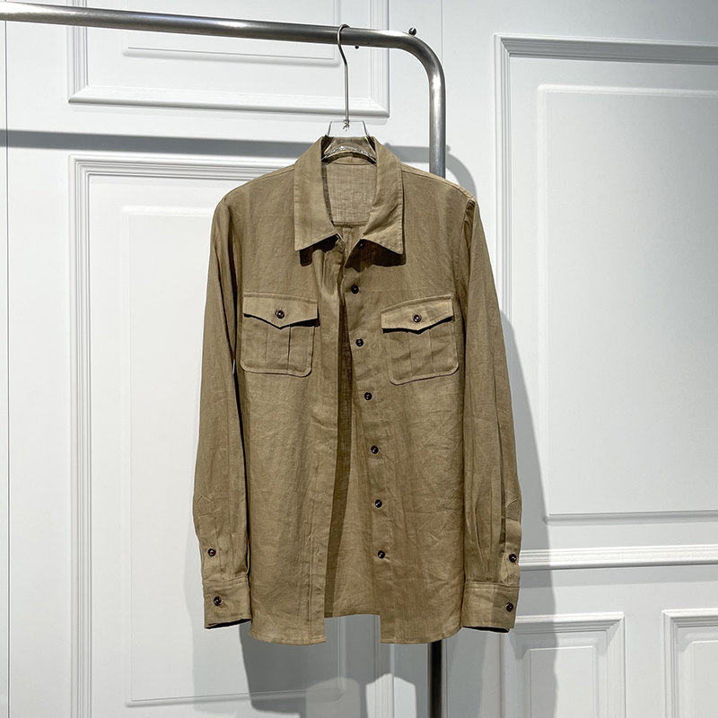 港风气质长袖纯色中长亚麻衬衫潮