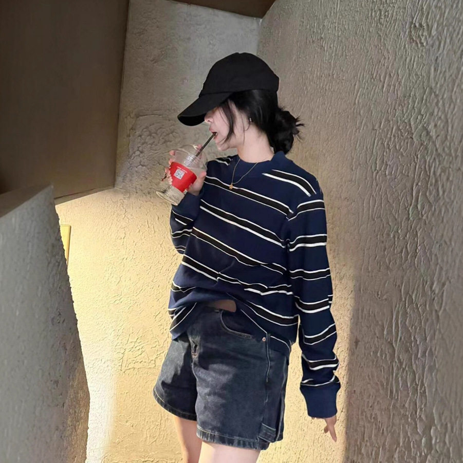 美式复古慵懒条纹卫衣女2025T恤