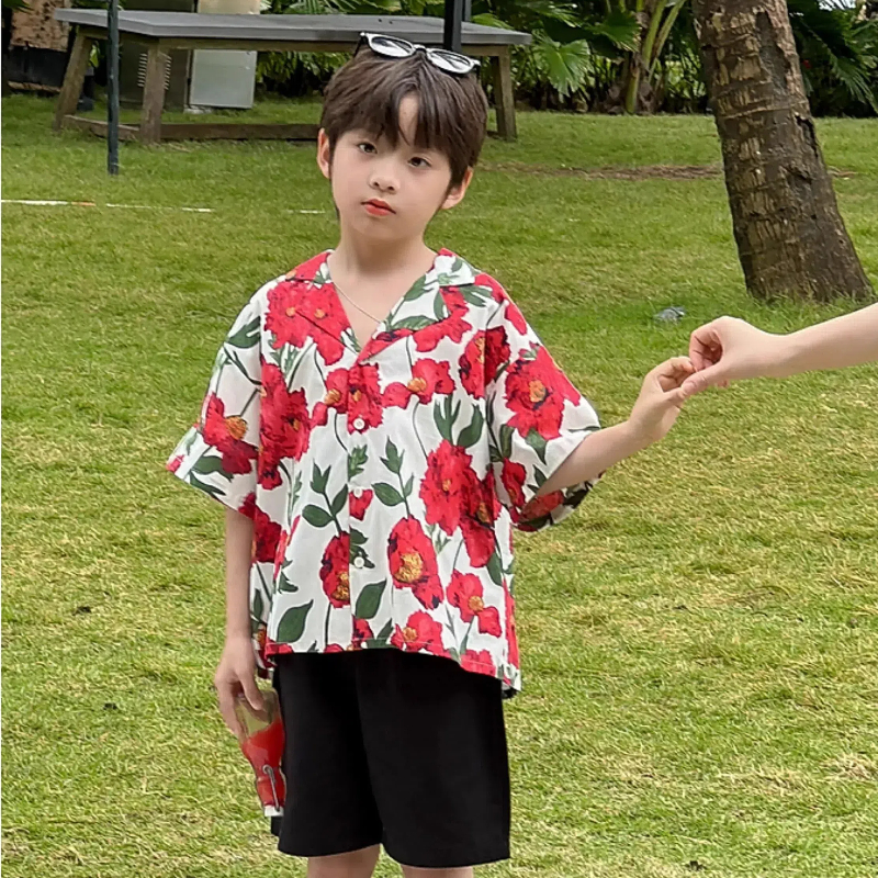 男童花衬衫短袖夏季2025新款男孩度假风纯棉休闲儿童印花衬衣洋气
