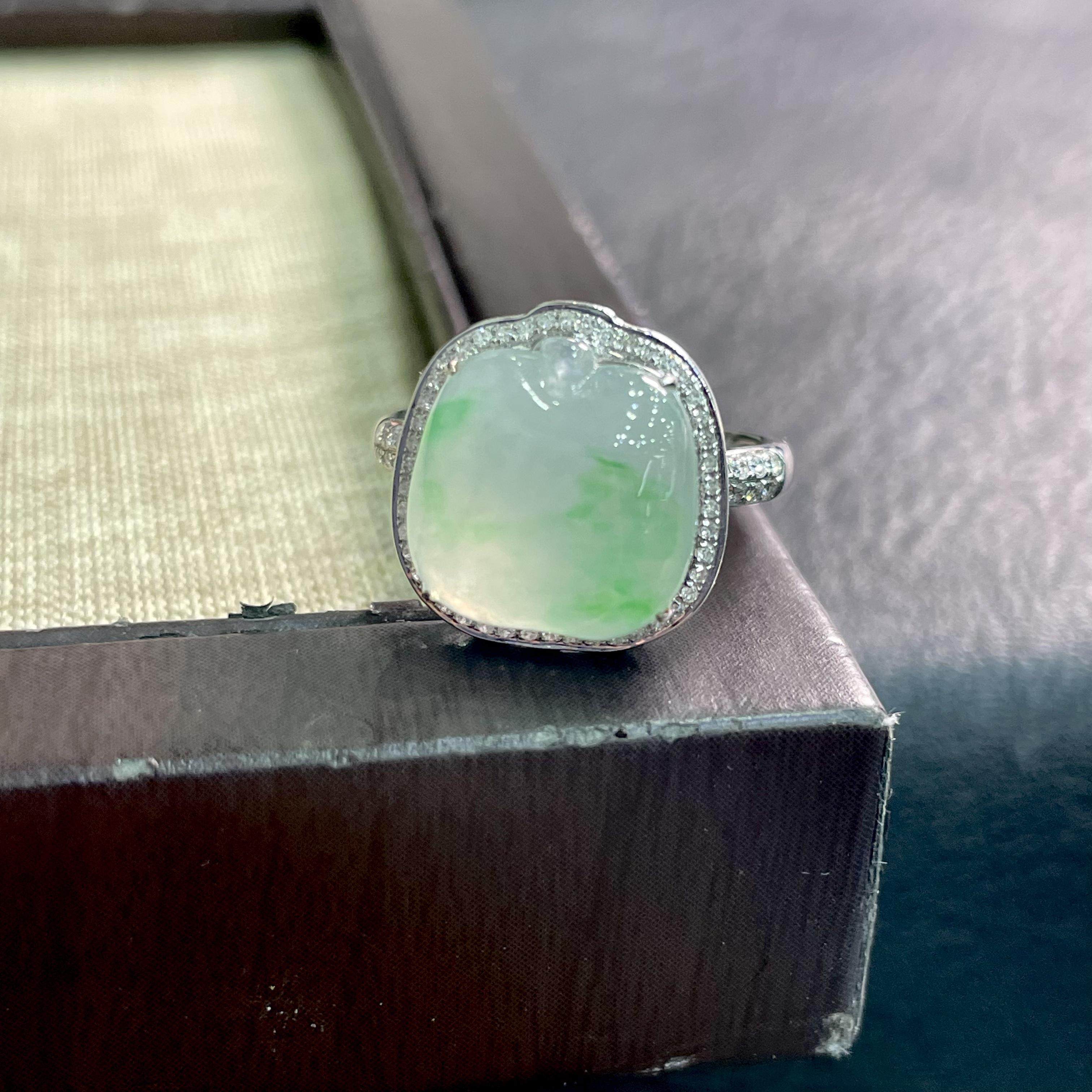 缅甸天然翡翠A货冰种胶感18k金钻苹果戒面女戒平平安安14.5圈戒指