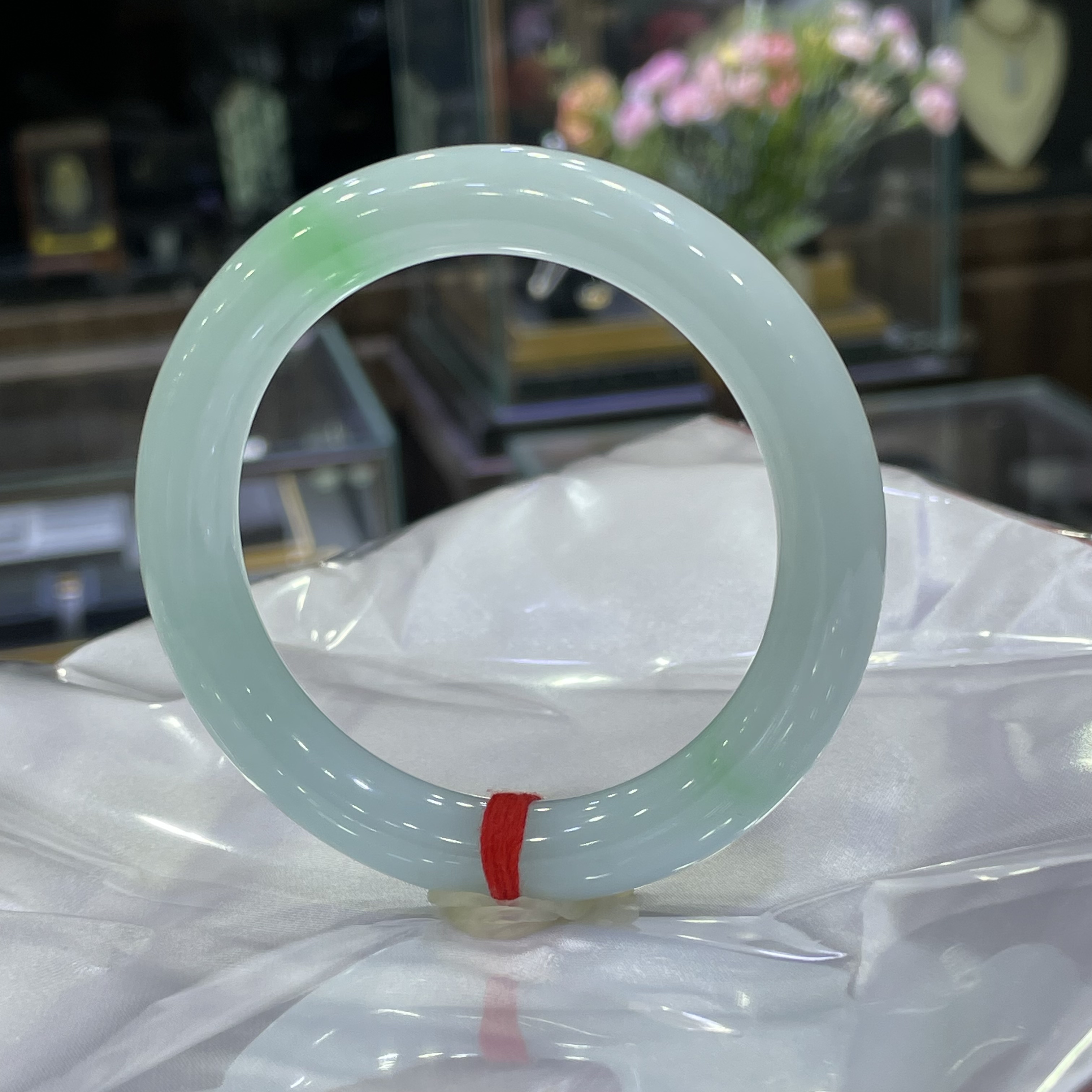 缅甸天然翡翠A货细糯种满圈绿底带色翡翠圆条正圈56.5玉手镯完美