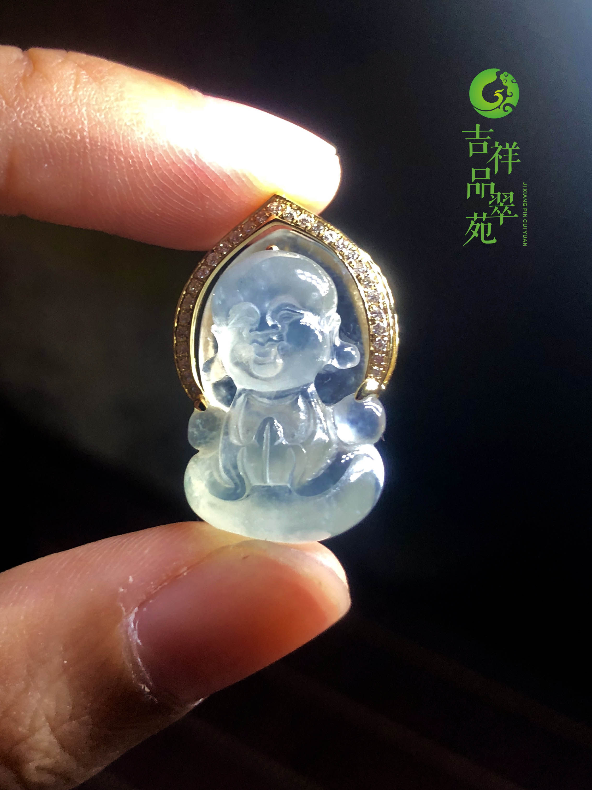 吉祥苑 天然翡翠a货 冰种 宝宝佛 可爱萌佛  18k金带钻镶嵌 吊坠