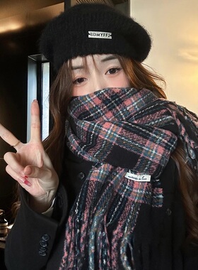 韩版粉紫格子围巾女学生礼物加厚保暖长款流苏情侣围脖秋冬新款