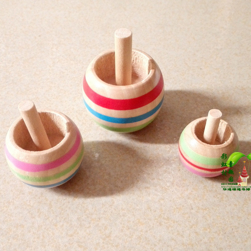 彩虹村 木质彩虹色陀螺 大中小3只装 神奇倒立旋转 手工儿童玩具