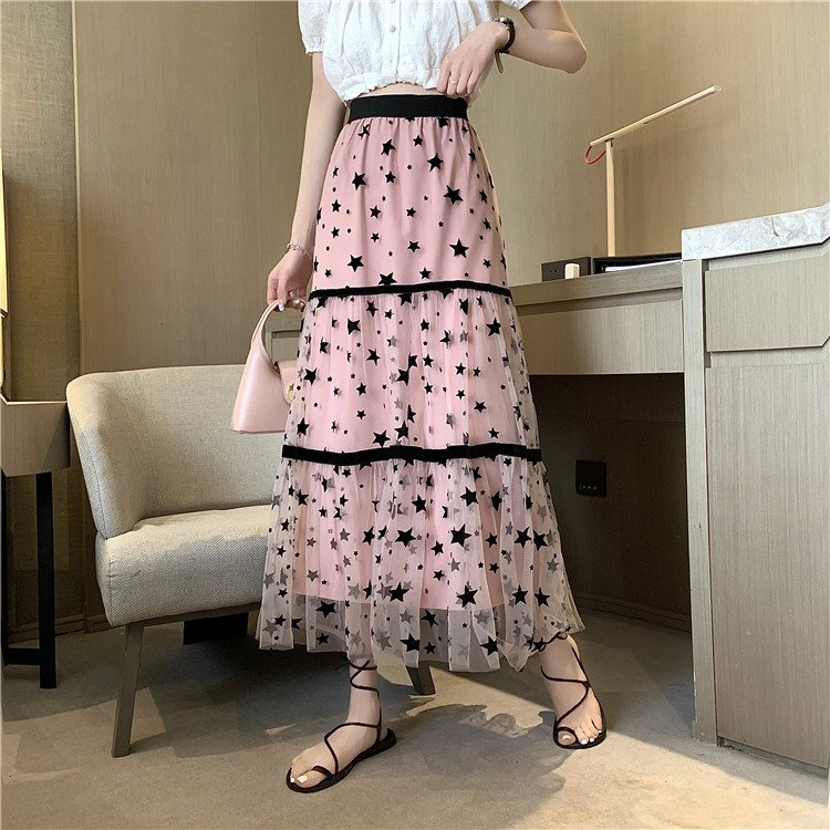 Real shot real price summer French star wave point stitching gauze skirt pengpeng A-line medium length high waist skirt