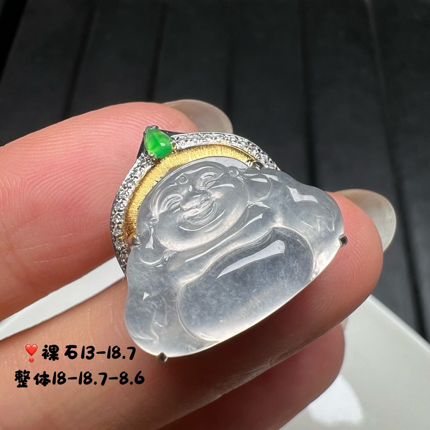 18k金钻石镶嵌冰种起光白冰翡翠佛公吊坠天然缅甸A货高端精品