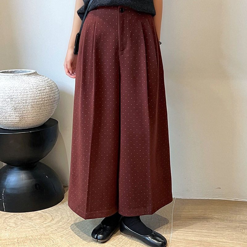 翡格依GN波点裤子女秋冬毛呢阔腿裤休闲西裤厚款高腰垂感九分裤