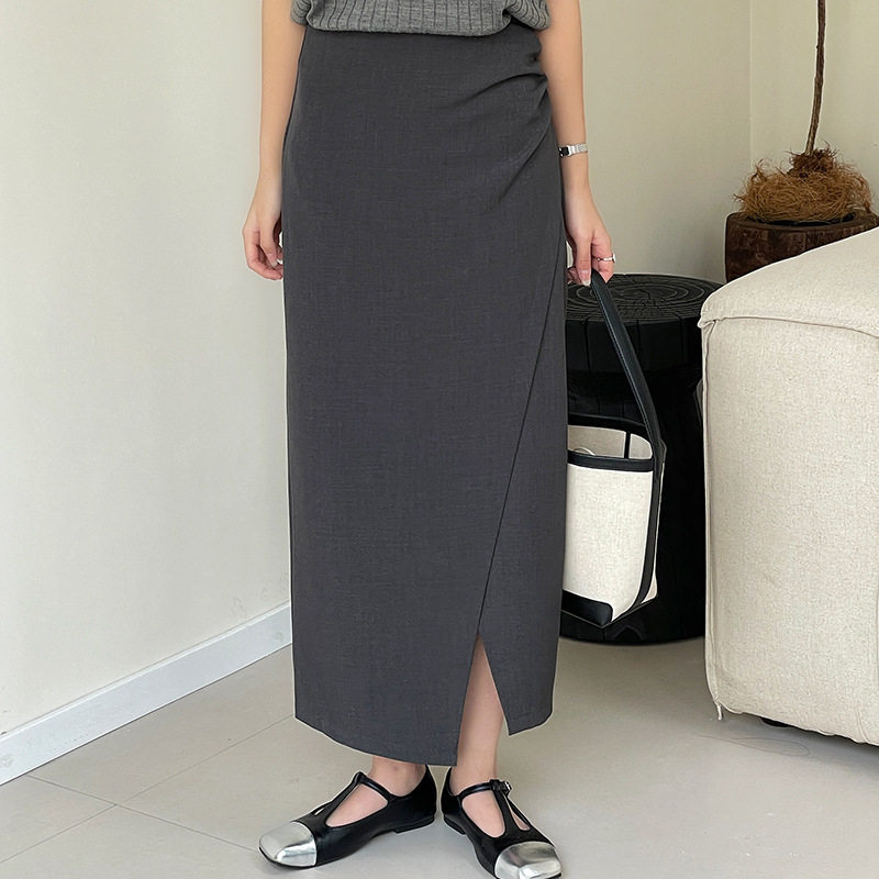 翡格依GN半身裙女秋款通勤修身包臀裙不规则开叉半裙中长直筒裙